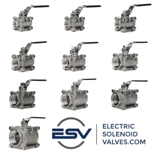 Array of 3-piece stainless steel manual ball valves in various sizes from ElectricSolenoidValves.com, showcasing options for precise sizing and selection to ensure optimal fluid flow rates and pressure handling in industrial applications