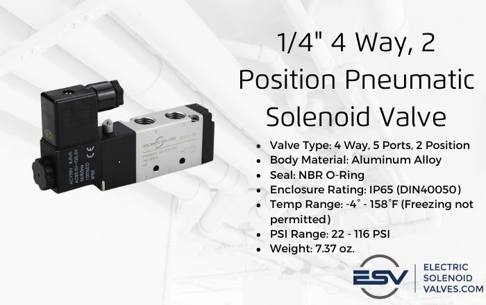 1/4'' 5 Port (4 Way), 2 Position Pneumatic Solenoid Valve