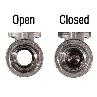 Open and closed positions of a 2 inch stainless steel full port (bore) electric actuated ball valve