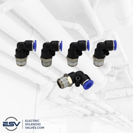 Male Elbow Connector Push Connect Fitting featuring 90 degree angle and male connector for pneumatic flow control