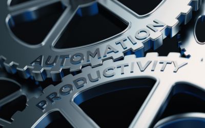 Conceptual image of interlocked gears with words automation and productivity representing efficient valve systems in food manufacturing.