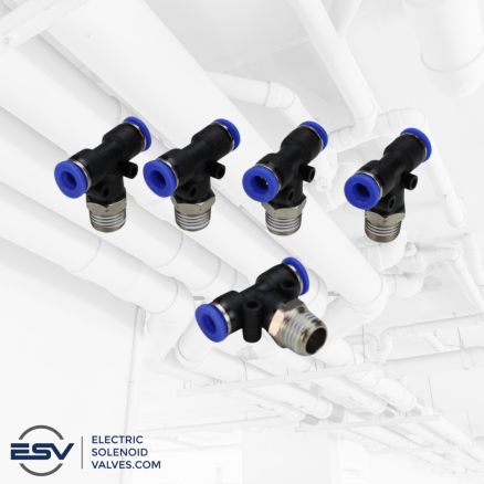 Branch t-connector push connect fitting for air control in pneumatic systems