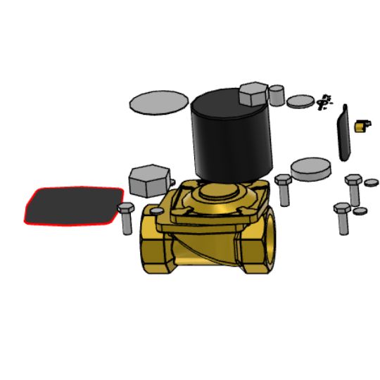 Exploded CAD view highlighting the Viton® Diaphragm of a 1-1/2" 12V DC Electric Solenoid Valve N/O