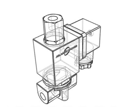 A 3D CAD drawing of a 1/8" 3-way solenoid valve tilted towards the exhaust port. The valve has a blue body, a black coil, and a gray internal mechanism. The exhaust port is a circular opening on the side of the valve body