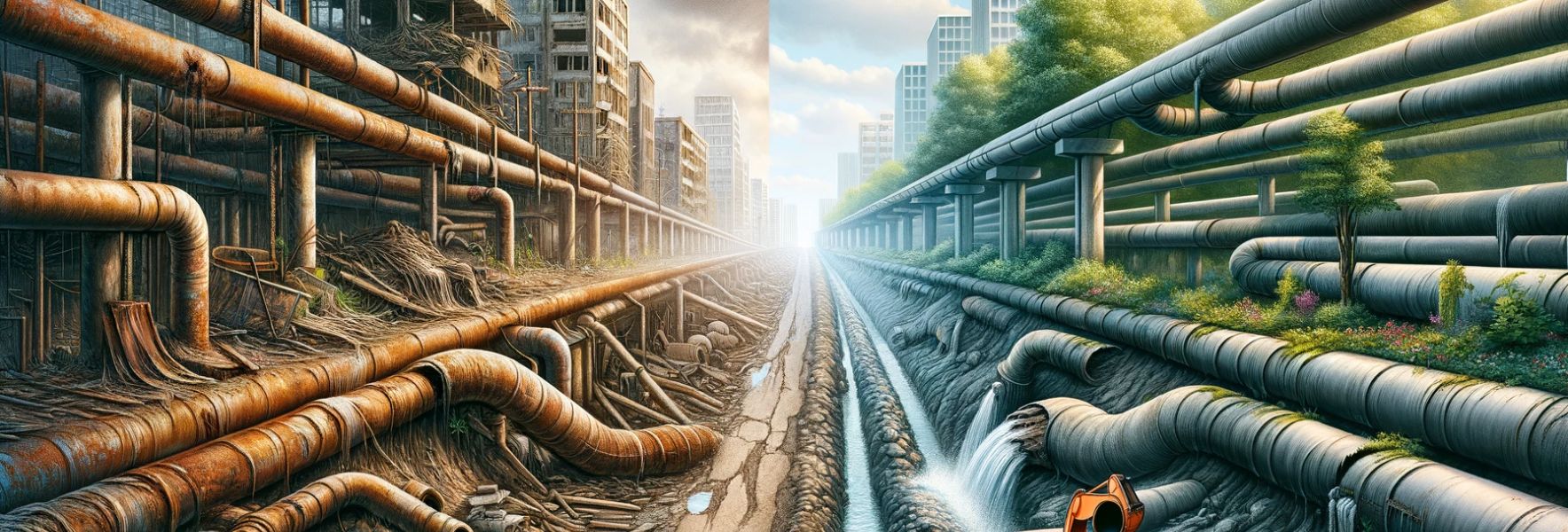 A side-by-side comparison of aging infrastructure versus improved infrastructure. The left side depicts aging infrastructure with old rusty pipes and crumbling concrete, while the right side shows the improved infrastructure with new pipes and smooth, freshly paved roads, providing a clear visual contrast.