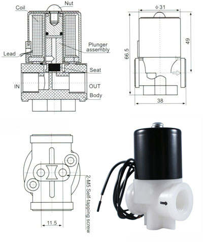 1/4'' Plastic solenoid valve diagrams and photo - Cross-section diagrams showing the internal components of a solenoid valve including the coil, plunger, seat, body, inlet and outlet. Also includes a photo of a plastic solenoid valve.