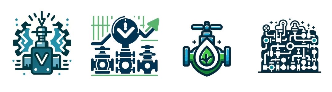 Infographic displaying ElectricSolenoidValves.com's products in Industry 4.0: solenoid valve with electronic signals for system integration, trio of reliable valves with a checkmark for efficiency, eco-friendly valve with a leaf for sustainability, and a complex network of industrial valves for system support